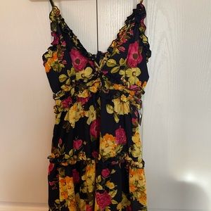 Iris Navy Olive and Pink Floral Spaghetti Strap Tiered Midi Dress Size:Large